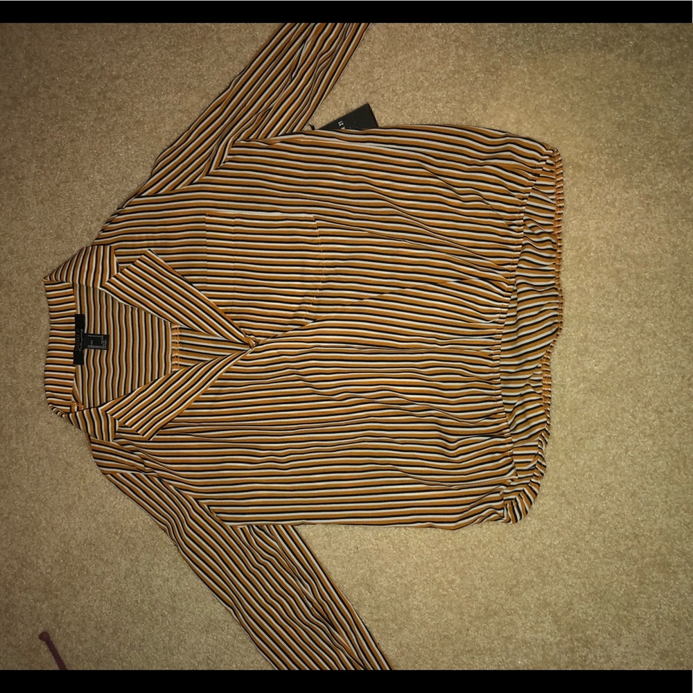 Black, white, and yellow striped v cut blouse